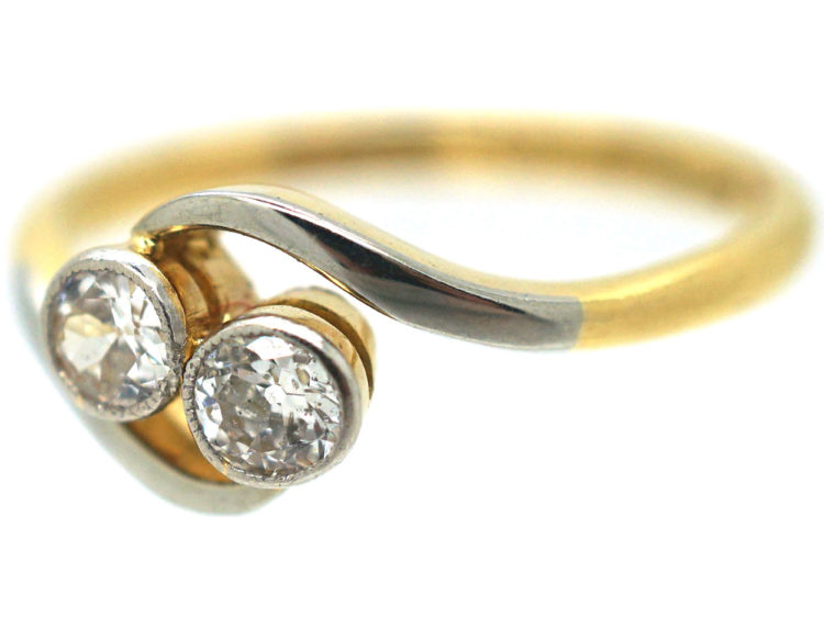 Edwardian 18ct Gold & Platinum Two Stone Diamond Crossover Ring