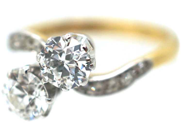 Edwardian 18ct Gold & Platinum, Two Stone Diamond Crossover Ring