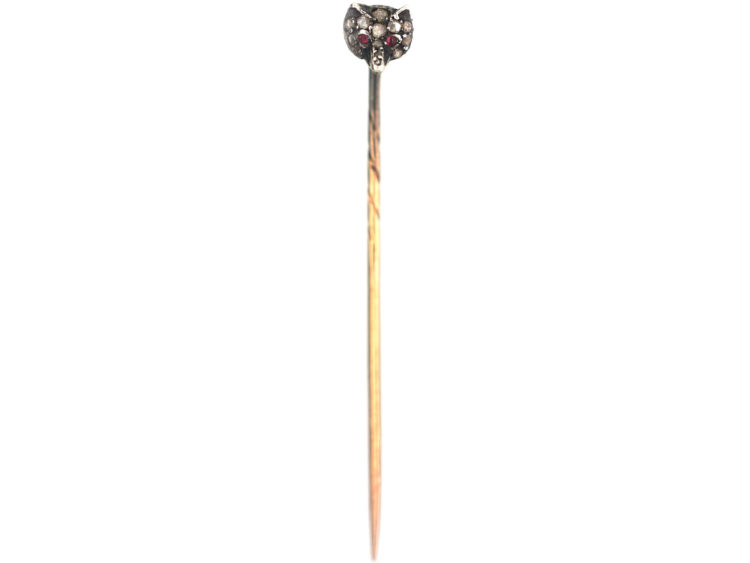 Edwardian Rose Diamond Fox Head Tie Pin with Ruby Eyes