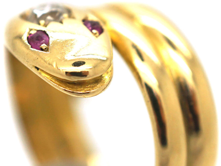 Victorian 18ct Gold Snake Ring set with a Diamond & Ruby Eyes