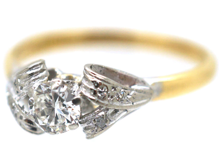 Art Deco 18ct Gold & Platinum, Diamond Solitaire Ring with Bow Shoulders