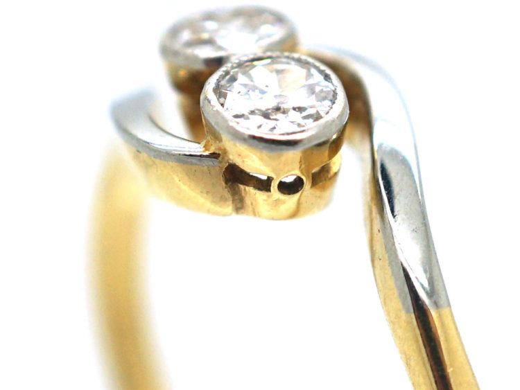 Edwardian 18ct Gold & Platinum Two Stone Diamond Crossover Ring