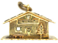 Swiss Chalet 14ct Gold & Enamel Charm with Couple in Bed Inside