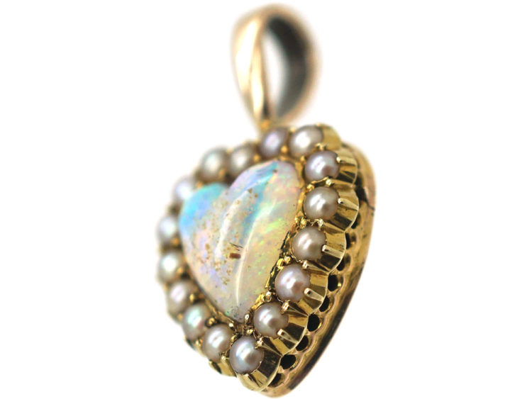 Edwardian 15ct Gold, Opal & Natural Split Pearl Heart Pendant