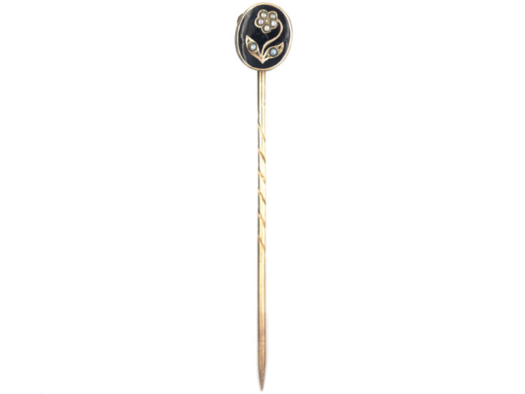 Victorian 9ct Gold & Black Enamel & Natural Split Pearl Forget me Not Tie Pin