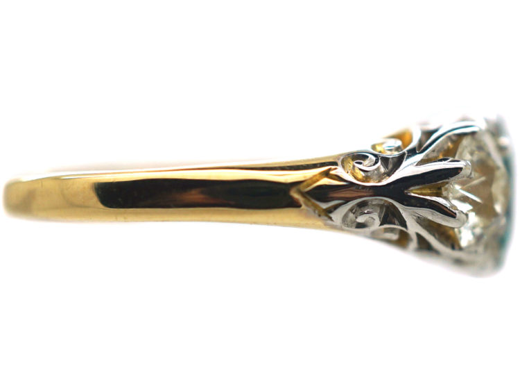Victorian 18ct Gold, Emerald & Diamond Three Stone Carved Half Hoop Ring