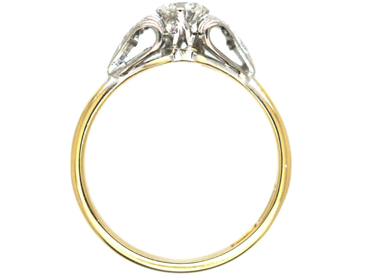 Art Deco 18ct Gold & Platinum, Diamond Solitaire Ring with Bow Shoulders