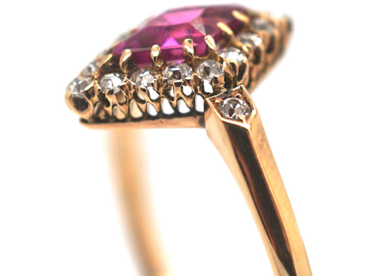 Edwardian 18ct Gold, Pink Sapphire & Rose Diamond, Diamond Shaped Ring