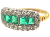 Edwardian Emerald Five Stone & Diamond Boat Shaped Ring