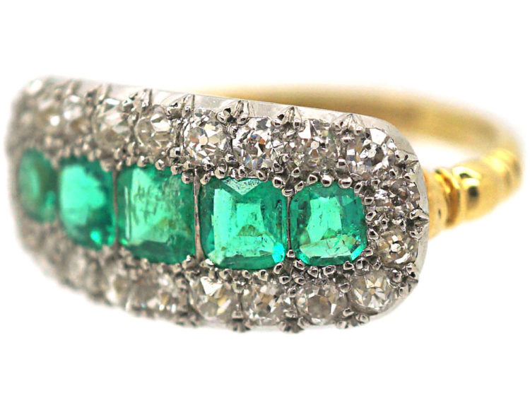 Edwardian Emerald Five Stone & Diamond Boat Shaped Ring