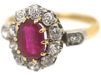 Edwardian 18ct Gold & Platinum, Ruby & Diamond Cluster Ring with Diamond Set Shoulders