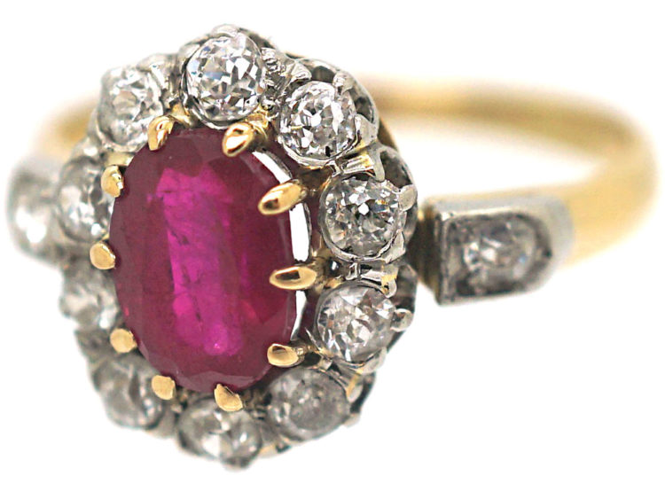 Edwardian 18ct Gold & Platinum, Ruby & Diamond Cluster Ring with Diamond Set Shoulders