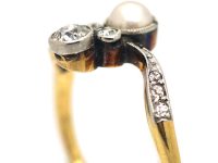Art Nouveau 18ct Gold, Platinum, Natural Pearl & Diamond Crossover Ring