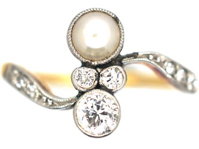 Art Nouveau 18ct Gold, Platinum, Natural Pearl & Diamond Crossover Ring