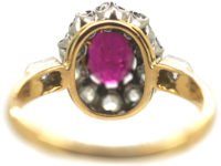 Edwardian 18ct Gold & Platinum, Ruby & Diamond Cluster Ring with Diamond Set Shoulders