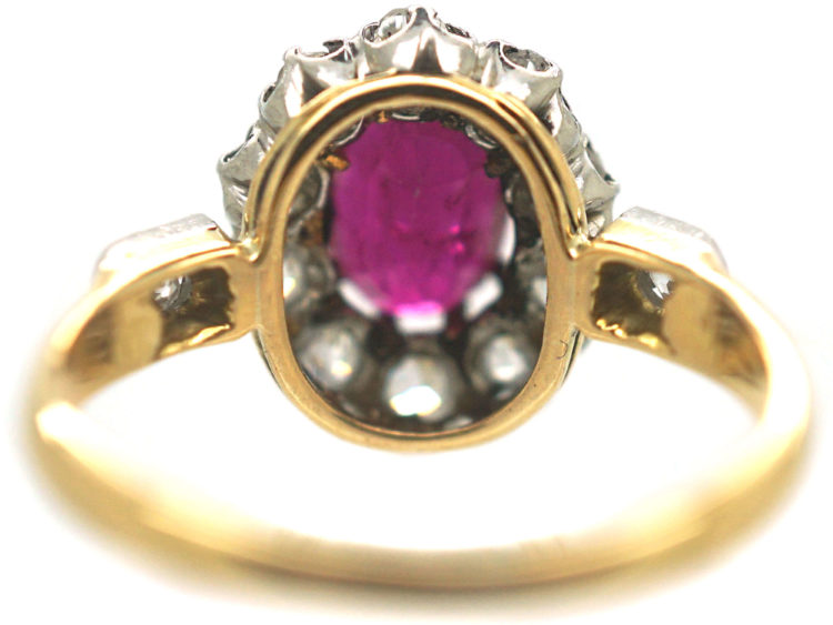 Edwardian 18ct Gold & Platinum, Ruby & Diamond Cluster Ring with Diamond Set Shoulders