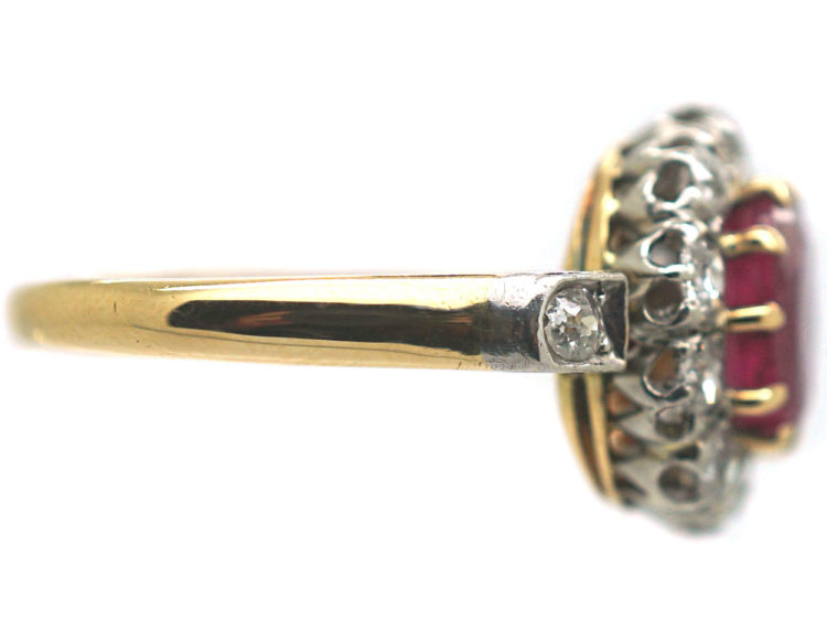 Edwardian 18ct Gold & Platinum, Ruby & Diamond Cluster Ring with Diamond Set Shoulders