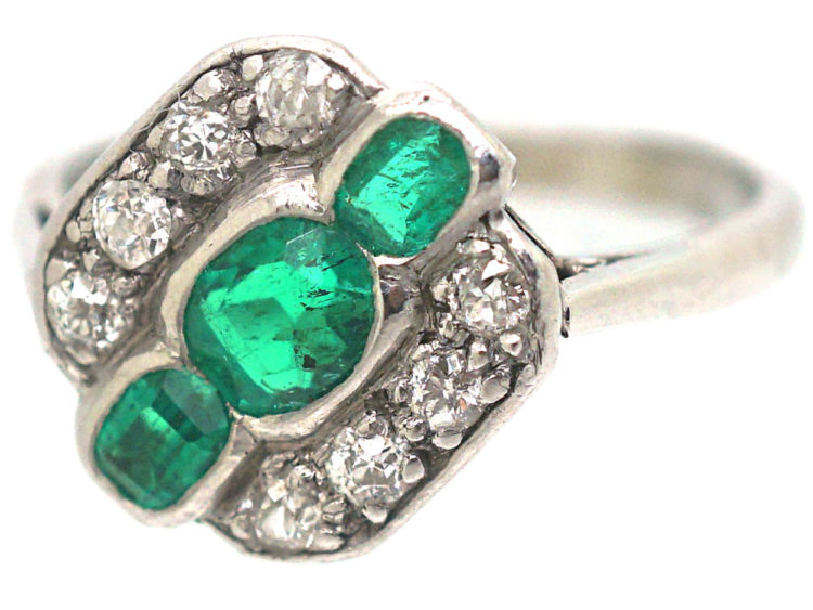 Art Deco 18ct White Gold & Platinum, Emerald & Diamond Ring