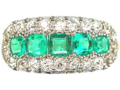 Edwardian Emerald Five Stone & Diamond Boat Shaped Ring