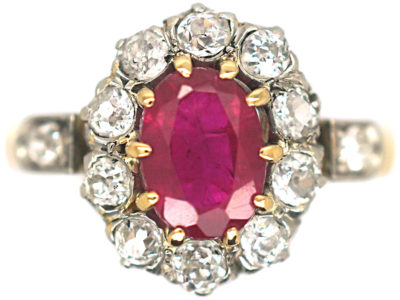 Edwardian 18ct Gold & Platinum, Ruby & Diamond Cluster Ring with Diamond Set Shoulders