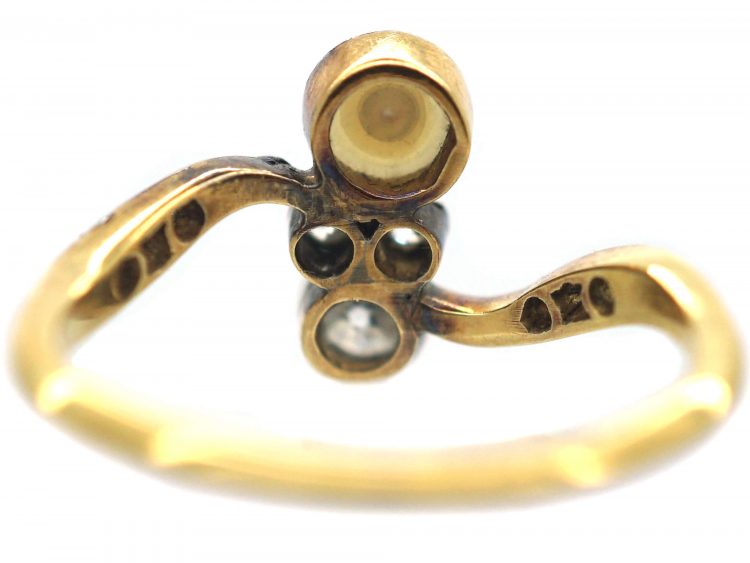 Art Nouveau 18ct Gold, Platinum, Natural Pearl & Diamond Crossover Ring