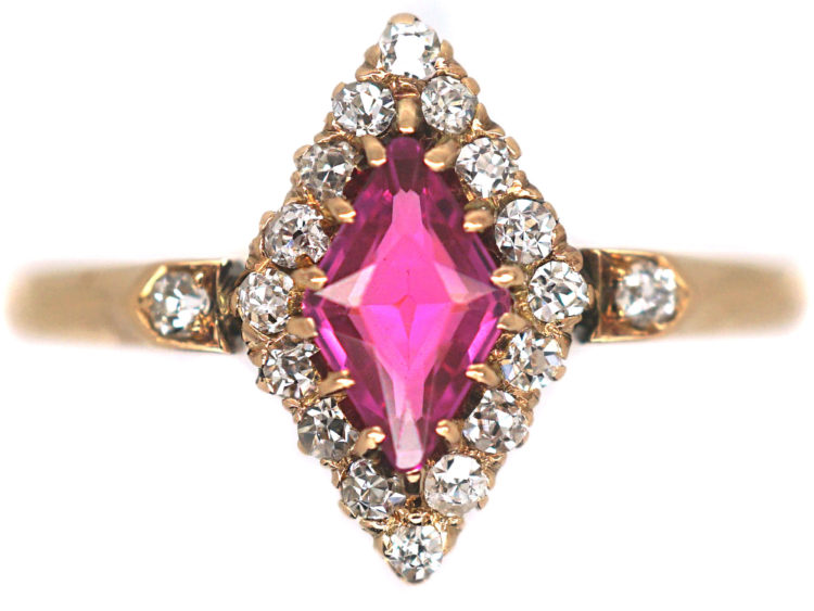 Edwardian 18ct Gold, Pink Sapphire & Rose Diamond, Diamond Shaped Ring