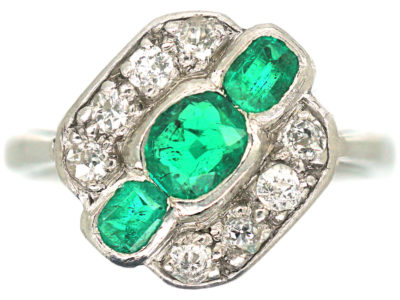 Art Deco 18ct White Gold & Platinum, Emerald & Diamond Ring