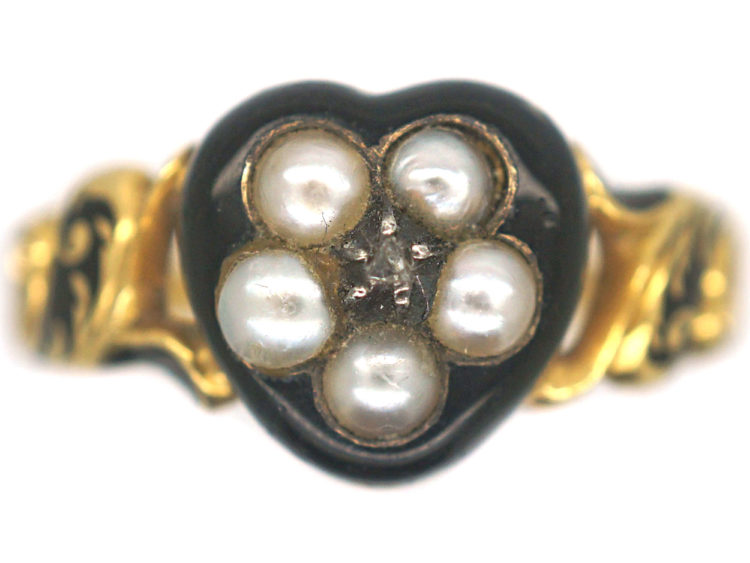 William IV 18ct Gold & Black Enamel Heart Shaped Ring
