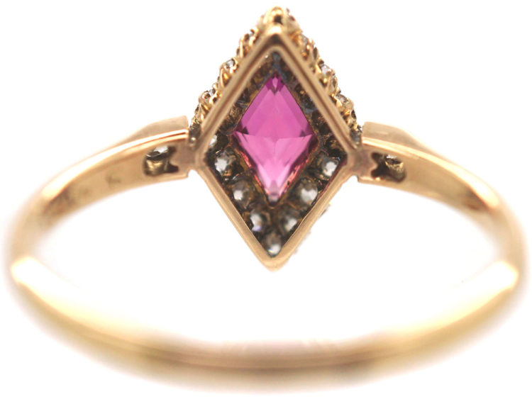 Edwardian 18ct Gold, Pink Sapphire & Rose Diamond, Diamond Shaped Ring