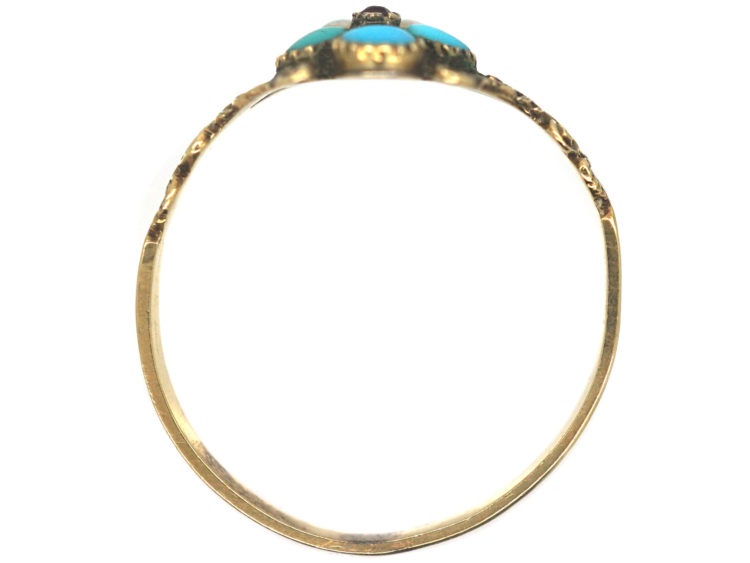 Georgian 15ct Gold, Turquoise, Ruby ​& Natural Split Pearl Cluster Pansy Ring