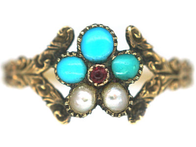 Georgian 15ct Gold, Turquoise, Ruby & Natural Split Pearl Cluster Pansy Ring Georgian 15ct Gold, Turquoise, Ruby & Natural Split Pearl Cluster Pansy Ring