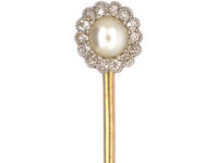 Edwardian 18ct Gold, Diamond & Natural Pearl Cluster Tie Pin