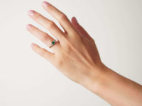 Edwardian 18ct Gold, Emerald & Diamond Three Stone Carved Half Hoop Ring