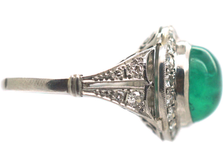 Art Deco Platinum, Cabochon Emerald & Diamond Ring