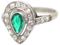Art Deco Platinum Emerald & Diamond Pear Shaped Ring