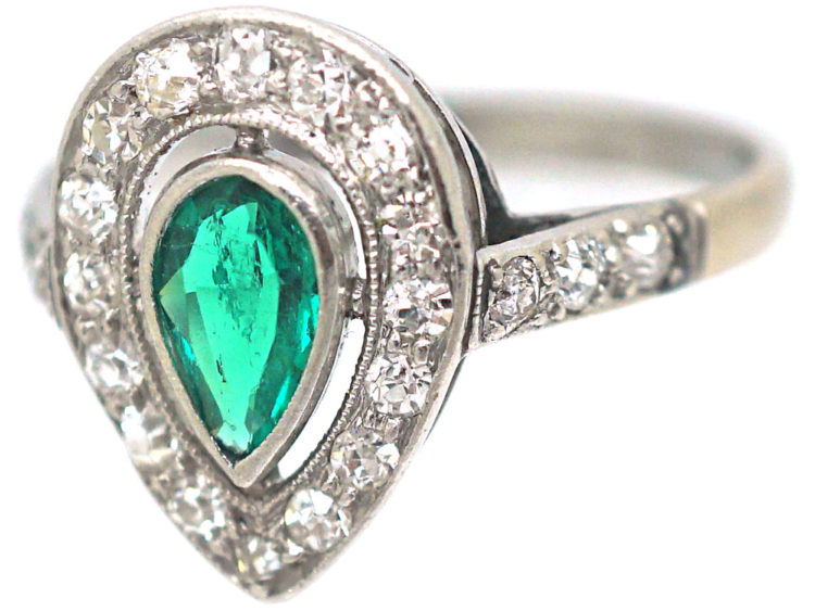 Art Deco Platinum Emerald & Diamond Pear Shaped Ring