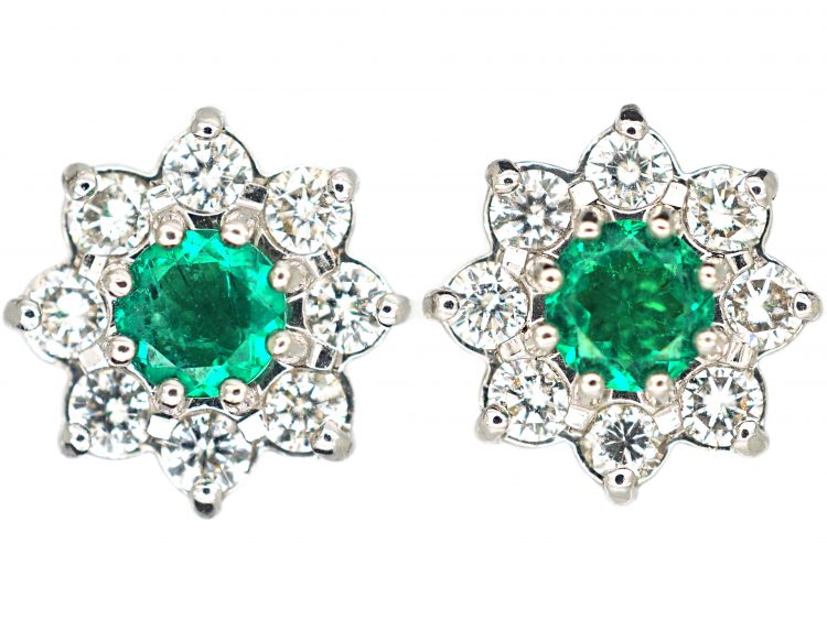 18ct White Gold Emerald & Diamond Cluster Earrings