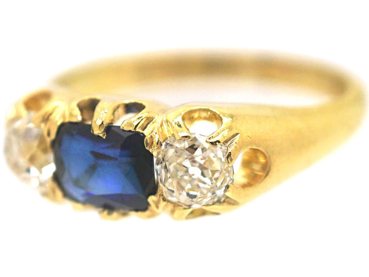 Victorian 18ct Gold Sapphire & Diamond Three Stone Ring