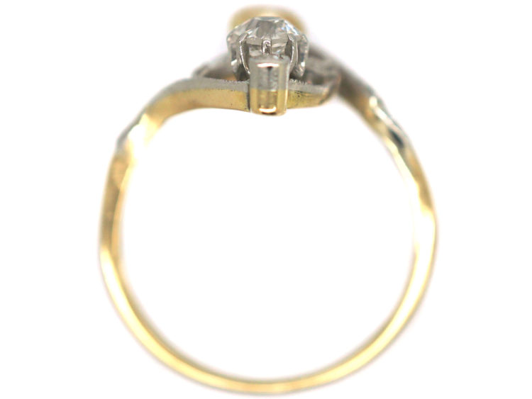 Art Nouveau 18ct Gold & Platinum, Diamond & Natural Pearl Ring