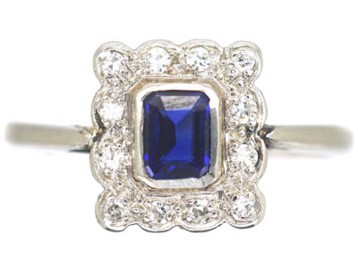 Art Deco 18ct White Gold & Platinum, Sapphire & Diamond Rectangular Shaped Ring