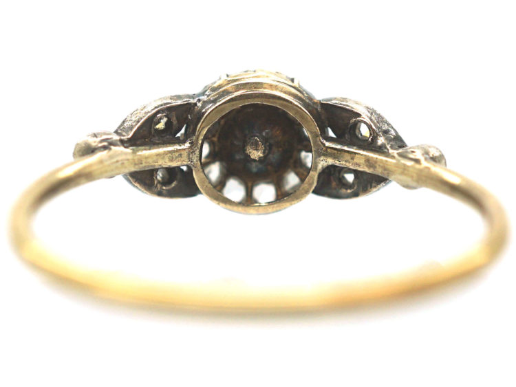 Edwardian 14ct Gold Rose Diamond & Natural Bouton Pearl Cluster Ring with Rose Diamond set Leaf Shoulders