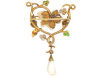 Art Nouveau 18ct Gold Flower Brooch set with Demantoid Garnets, Mississippi River Pearls & Diamonds