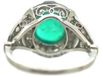 Art Deco Platinum, Cabochon Emerald & Diamond Ring