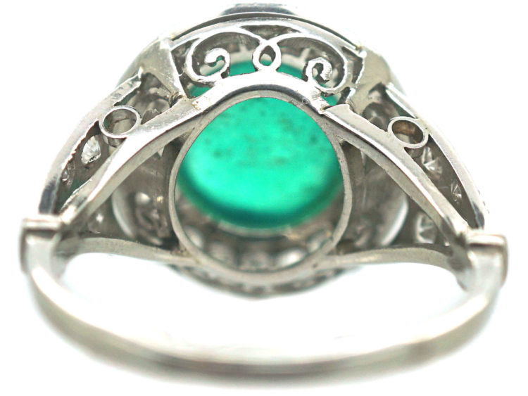Art Deco Platinum, Cabochon Emerald & Diamond Ring