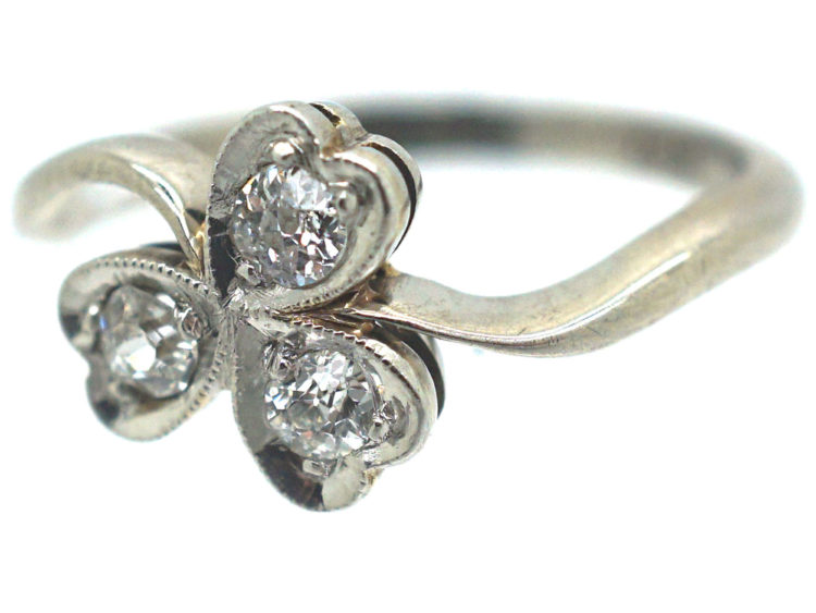 Edwardian 18ct White Gold & Platinum, Diamond Three Leaf Clover Ring