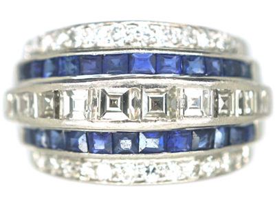 Art Deco Iridium & Platinum, Sapphire & Diamond Five Row Ring