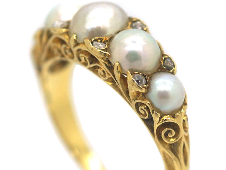 Victorian 18ct Gold, Natural Pearl & Rose Diamond Carved Half Hoop Ring