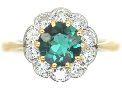 Edwardian 18ct Gold & Platinum, Green Tourmaline & Diamond Cluster Ring