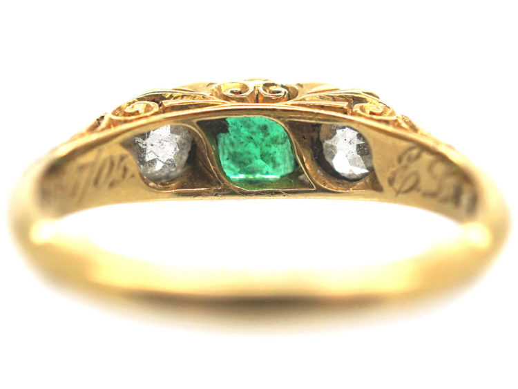 Edwardian 18ct Gold, Emerald & Diamond Three Stone Carved Half Hoop Ring