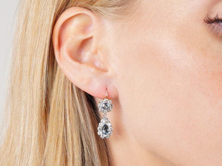 Edwardian 18ct Gold, Aquamarine & Diamond pear Shaped Drop Earrings
